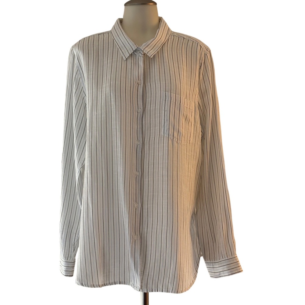 Lucky Brand Striped Button Down Women XL White Blue Cotton blend pinstripe NWT
